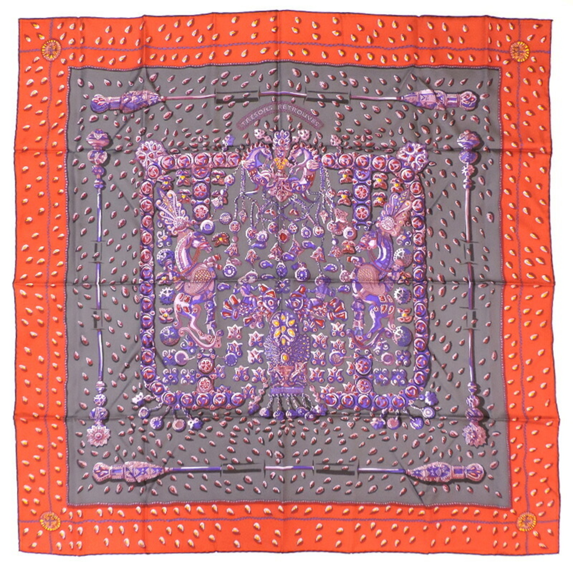 Pre-Owned Hermes Carre 90 Hidden Treasure Women's Scarf Muffler 100% Silk Gray Purple Orange (Good)