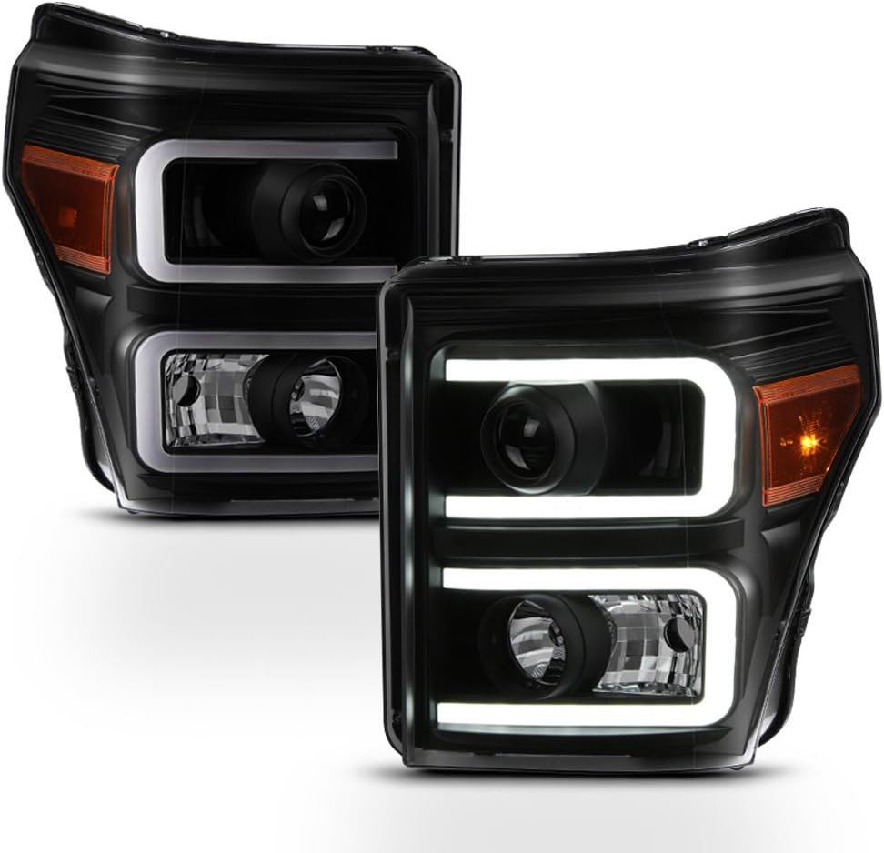 ACANII - For Black Smoke 2011-2016 Ford F250 F350 SuperDuty LED DRL Tube Projector Headlights Driver + Passenger Side