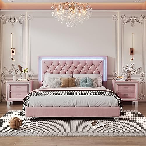3-Pieces Bedroom Furniture Sets, Queen Size Upholstered Platform Bed with LED Lights and 2 Nightstands