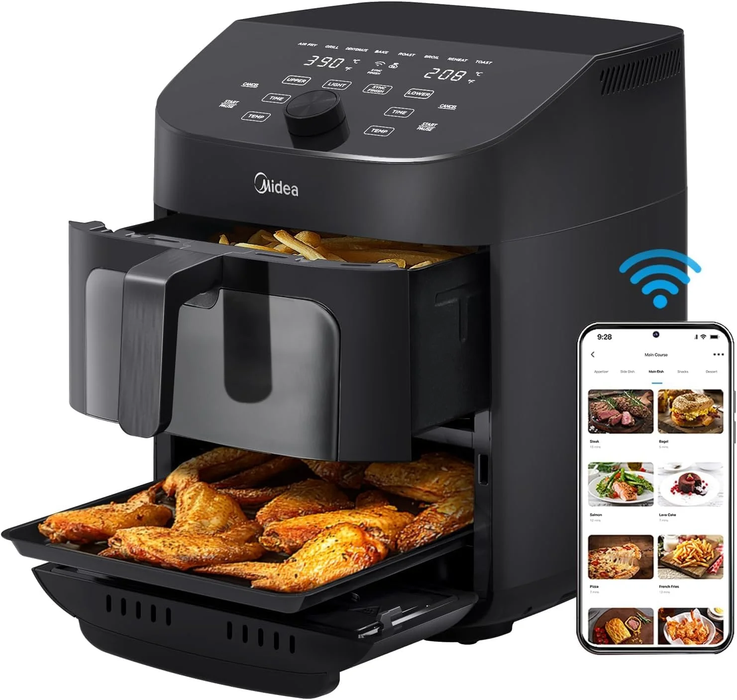 Midea 8 in 1 Dual Air Fryer 11 Quart with 2 Independent Baskets Clear Windows, Smart Sync Finish, 3 Heating Tubes