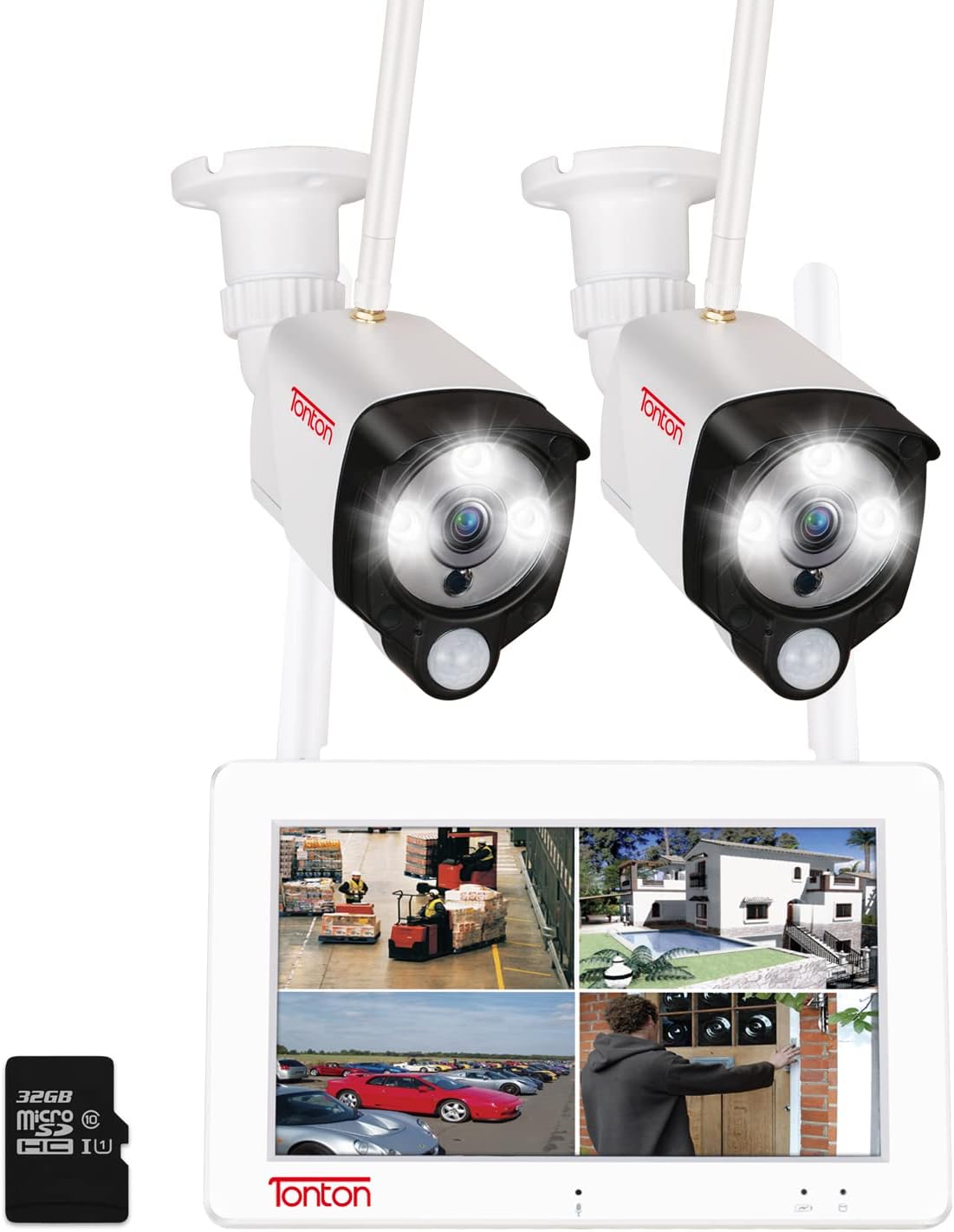 [2-Way Audio] Tonton 1080P Portable LCD Security Camera System Wireless,7" IPS Touchscreen Monitor,4CH NVR Kit and 2PCS 2MP Camera with PIR Sensor