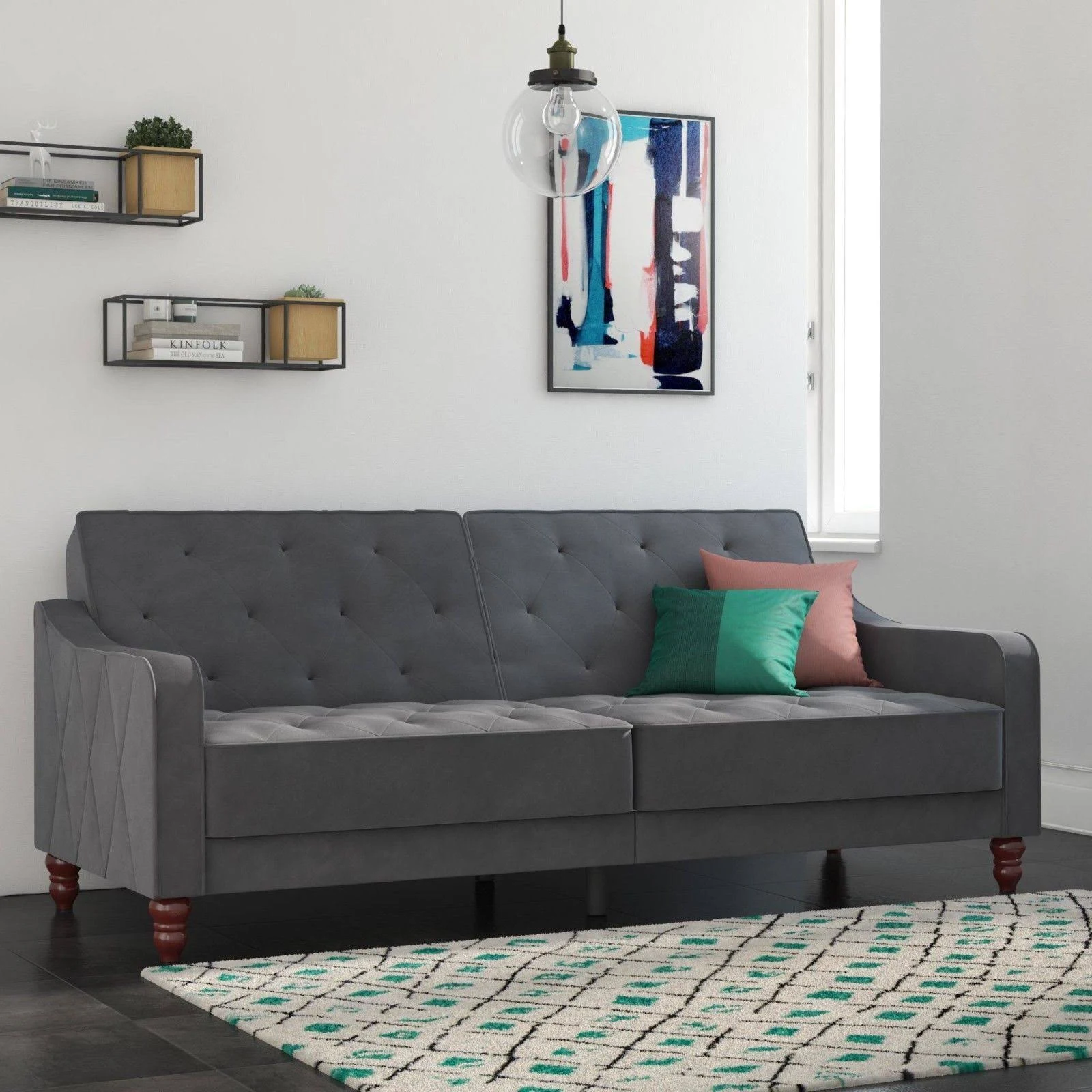 Dorel Tufted Velvet Futon Split Back Wood Adult Gray Full Size Mid Century Furniture - Megean