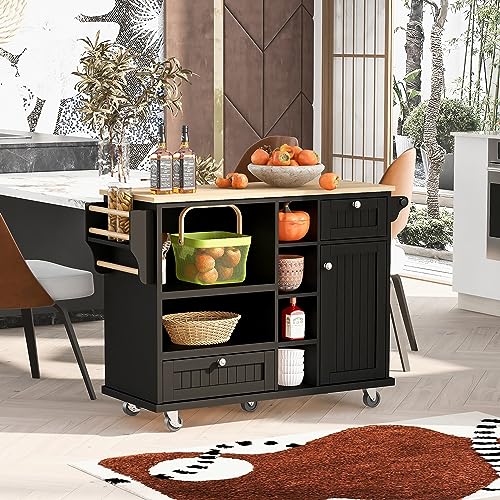 BestLM Mobile Kitchen Storage Island Cart with Cabinets, Drawers and Two Locking Wheels, Wood Desktop, Microwave Cabinet