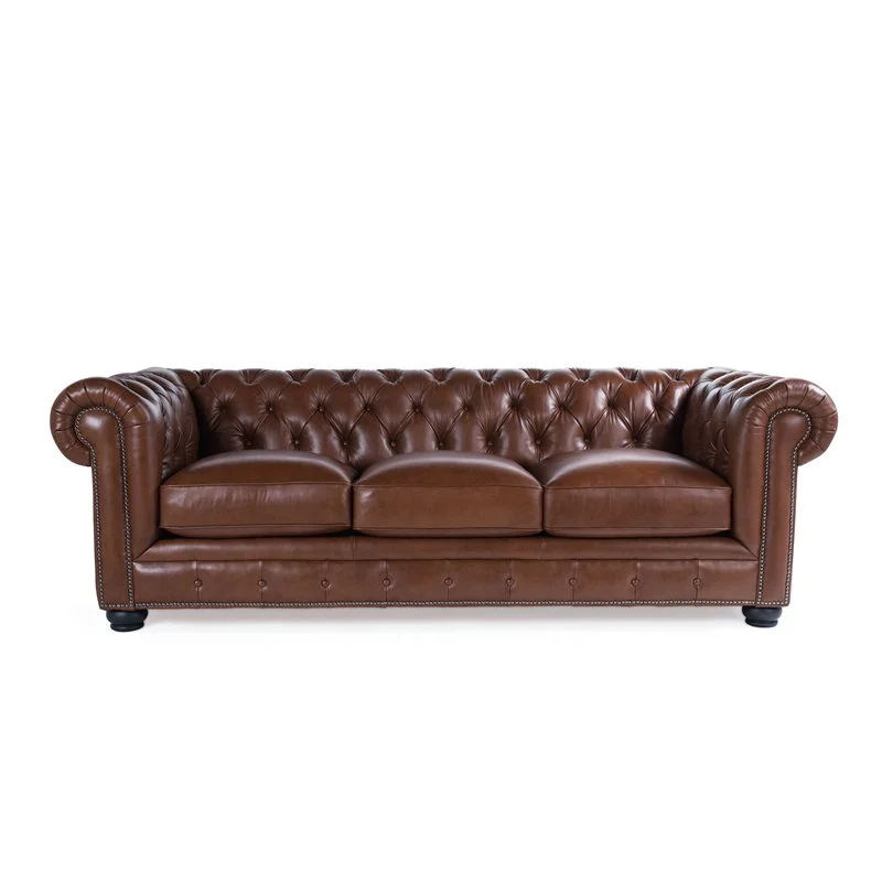 Bowery Hill 20" Traditional Leather Tufted Back Chesterfield Sofa in Chestnut