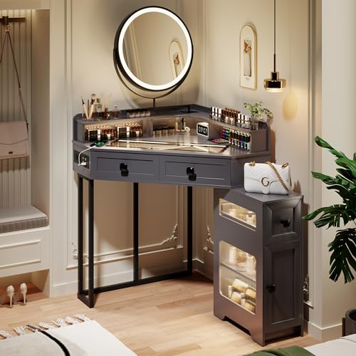 Corner Vanity with Mirror and Lights,Modern Makeup Vanity Set with Charging Station for Bedroom/Cloakroom