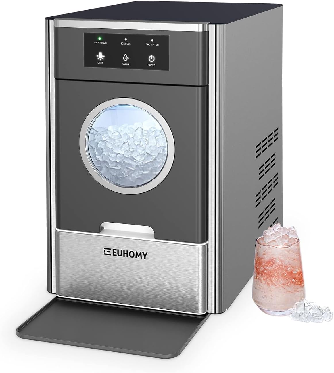 EUHOMY Nugget Ice Maker Countertop, Max 33lbs/24H, 2 Ways Water Refill, LED Light, Self-Cleaning Pebble Ice Maker with Basket and Scoop