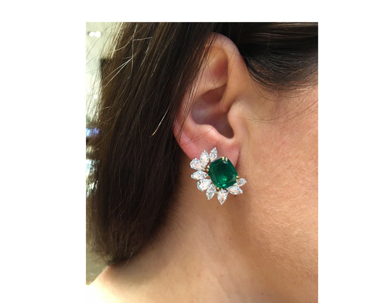 EMERALD TWO CUSHION SHAPE EARRING SET DIAMOND MARQUISE PEAR SHAPE PLATINUM