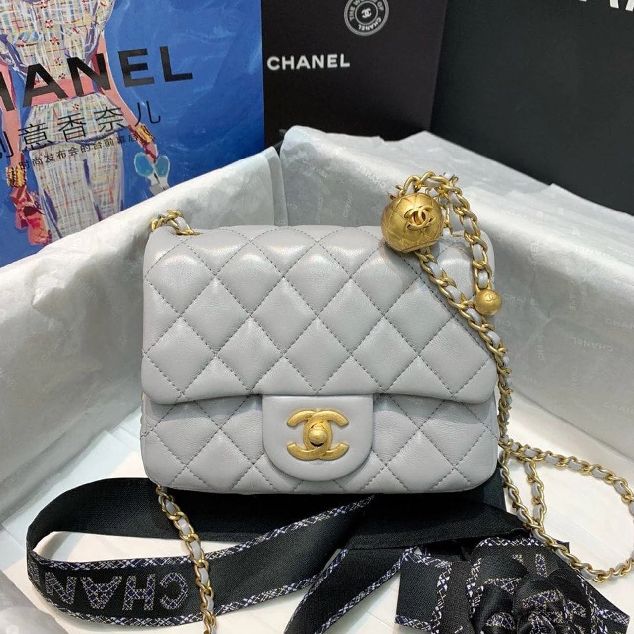 Chanel Classic Flap With Charm Chain With CC Details On Strap Bag 18cm Gold Hardware Lambskin Leather Spring/Summer Collection, Grey