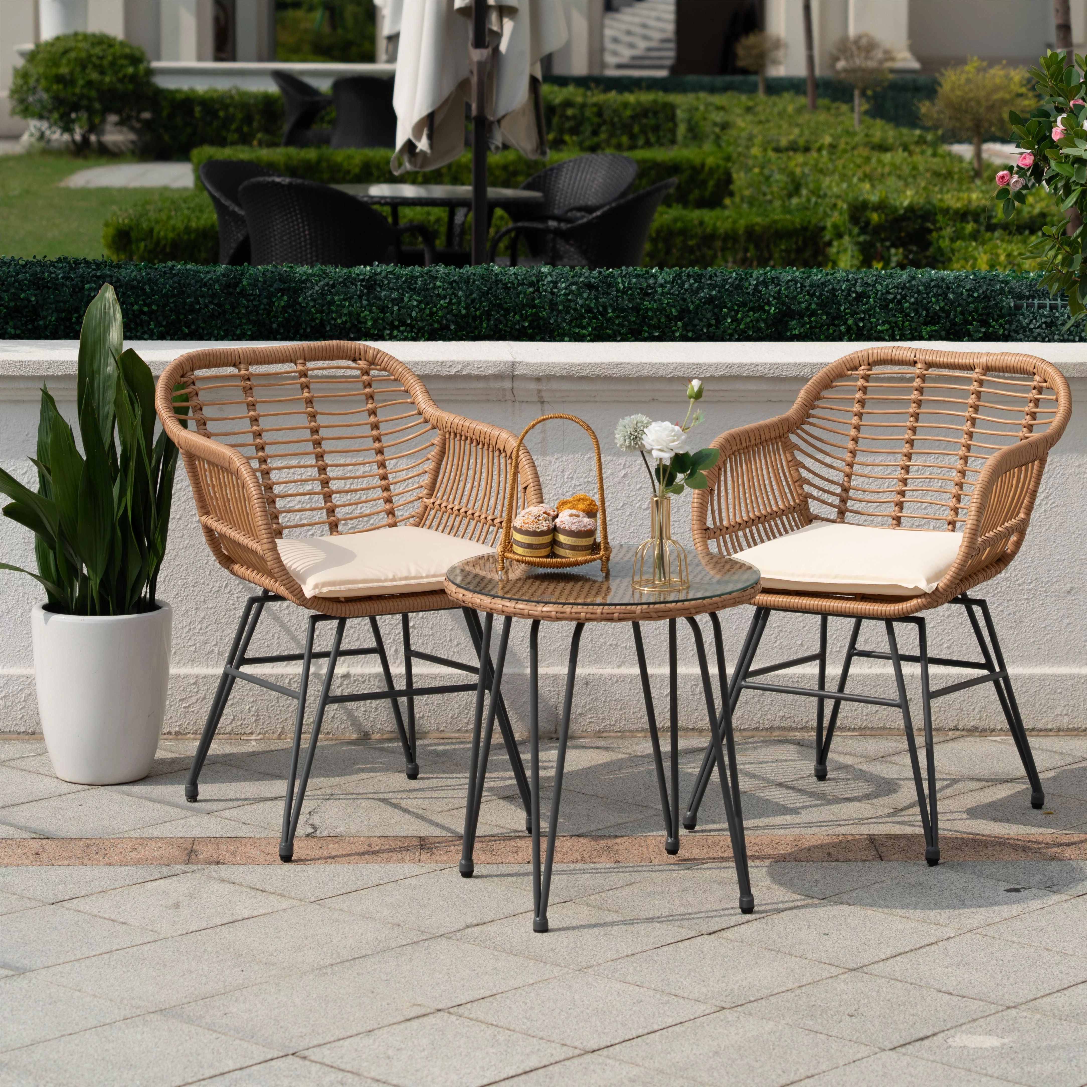 Tappio 3 Piece Outdoor Wicker Furniture Patio Bistro Set, PE Rattan Wicker Chairs Set with Table and Cushions