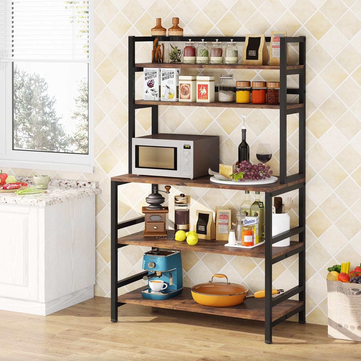 Tribesigns Kitchen Bakers Rack with Storage and Hutch, 5-Tier Kitchen Microwave Cart Stand Rack