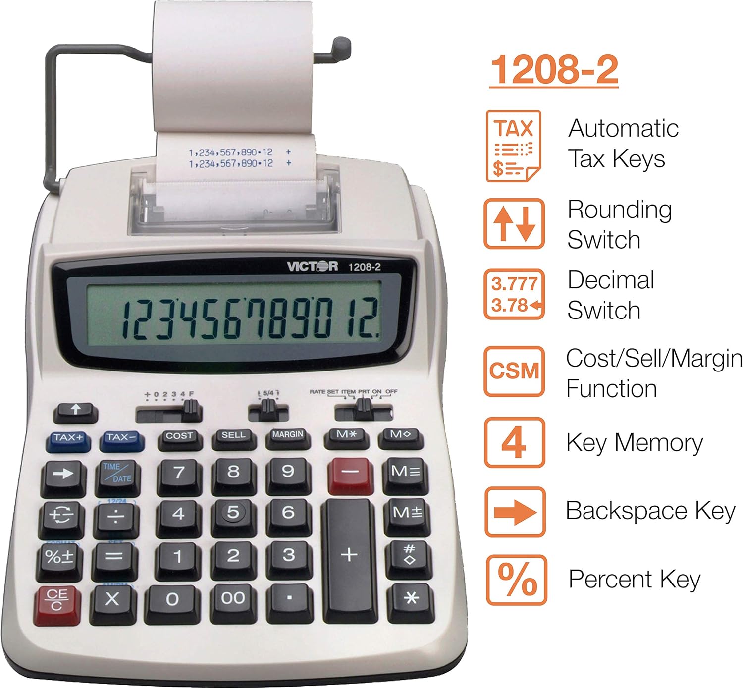 Victor Printing Calculator, 1208-2 Compact and Reliable Adding Machine with 12 Digit LCD Display, Battery or AC Powered, Includes Adapter,White