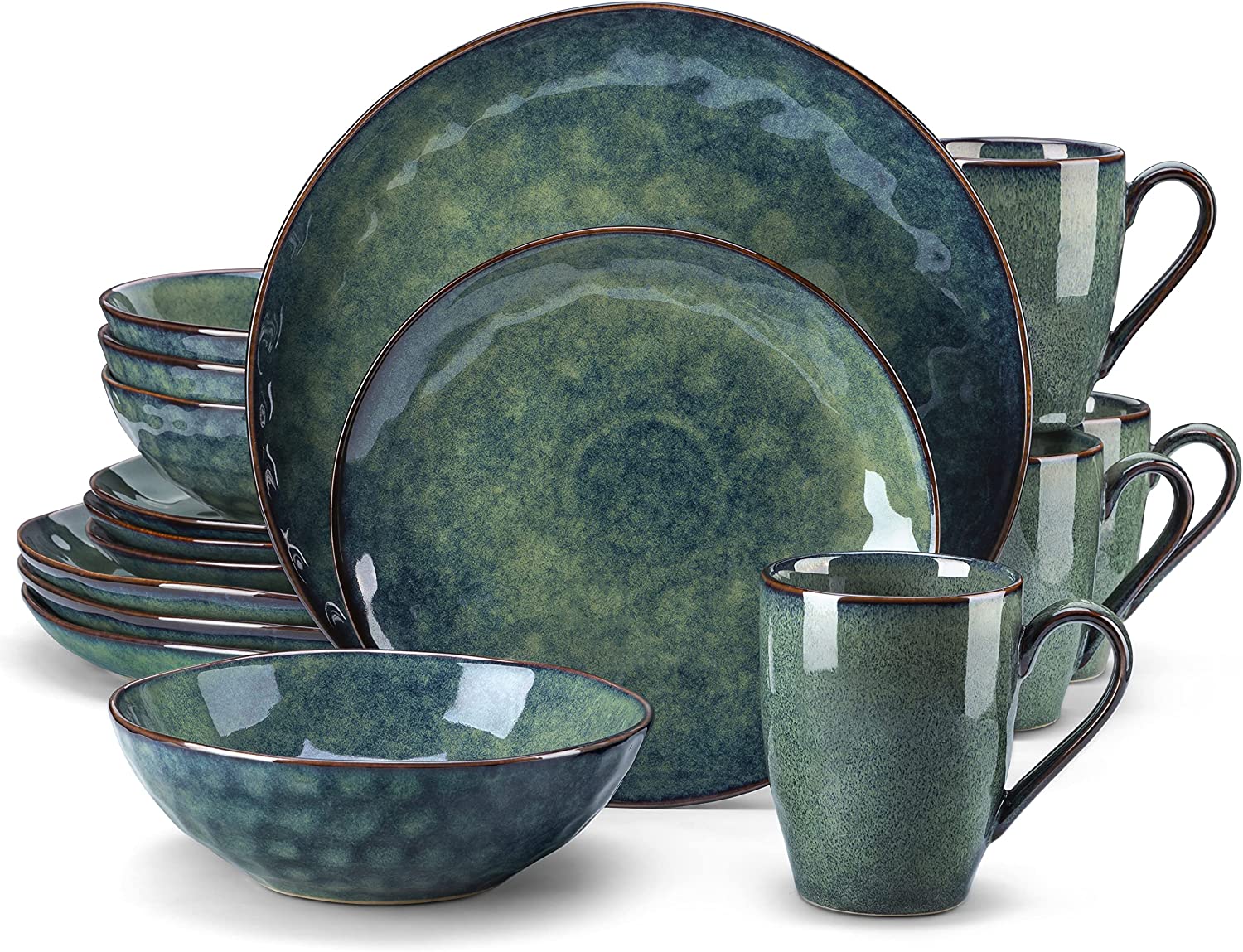 12 Pieces Blue-Green Dinnerware Set, Reactive Change Glaze Dinner Set, Plates and Bowls Set