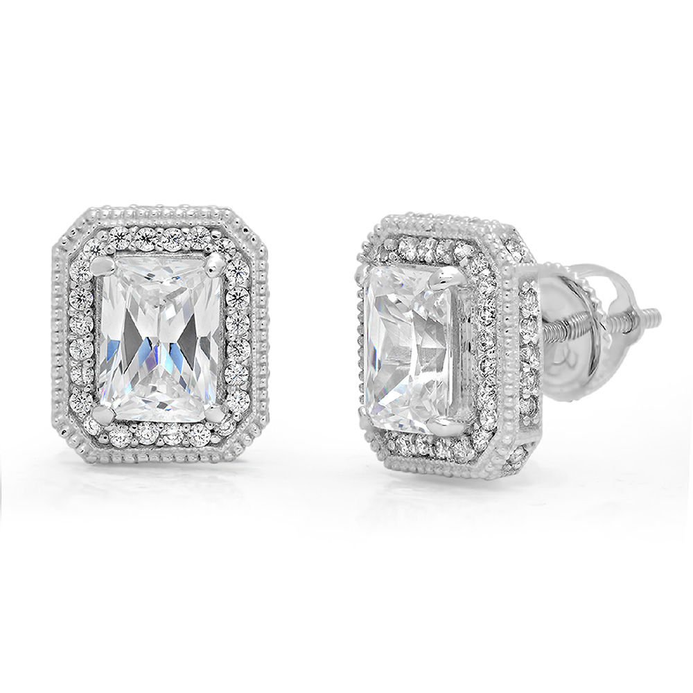2.44Ct Brilliant Emerald Cut Halo Studs Genuine Clear Simulated Diamond Solid 18K White Gold Earrings Screw Back