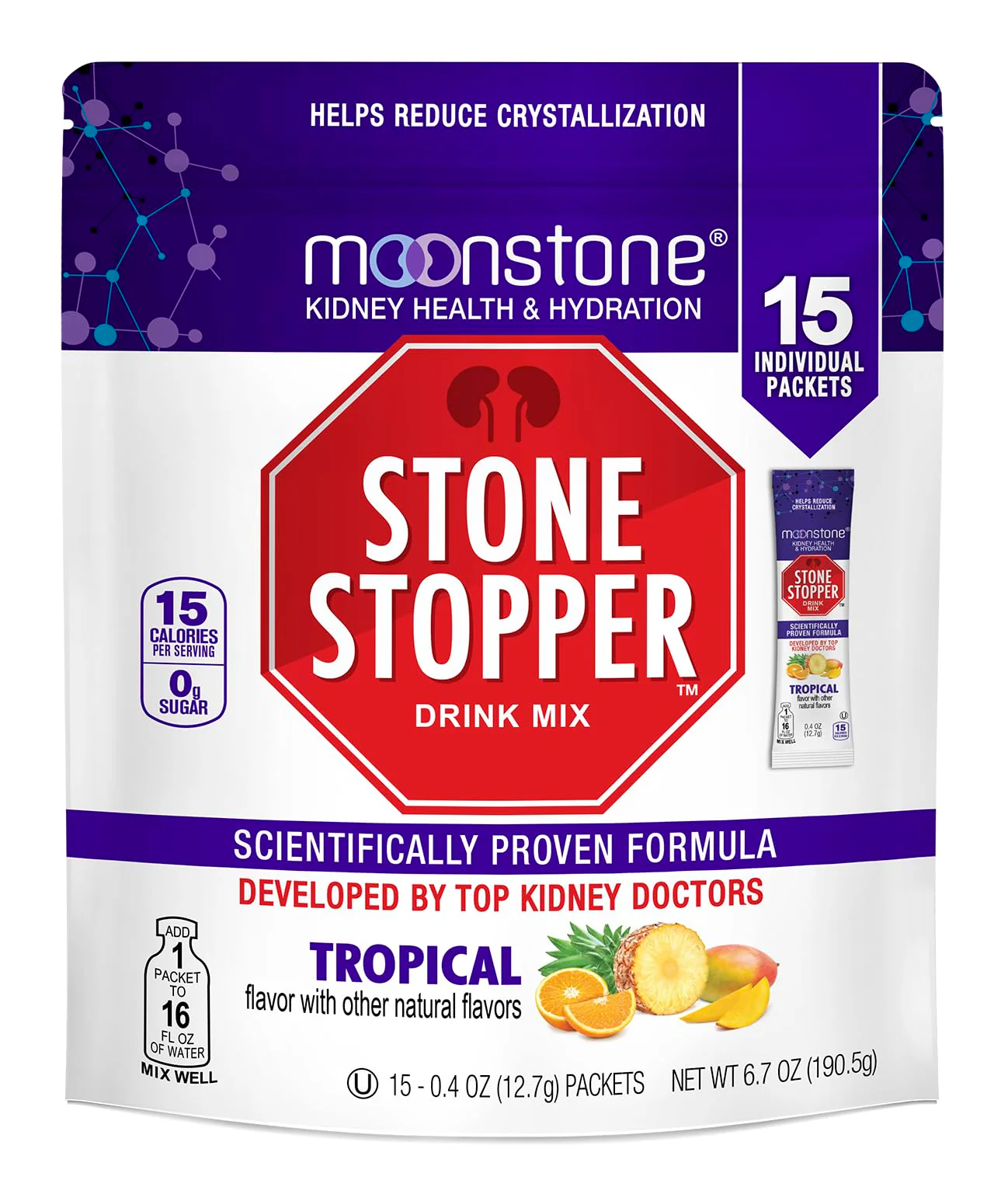 Moonstone Kidney Stone Stopper Drink Mix Tropical Flavor, Outperforms Chanca Piedra & Kidney Support Supplements