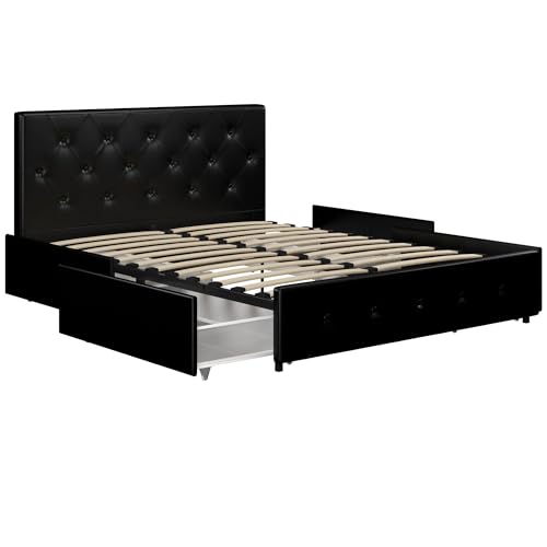DHP Dakota Upholstered Platform Bed with Underbed Storage Drawers and Diamond Button Tufted Headboard and Footboard, No Box Spring Needed, King
