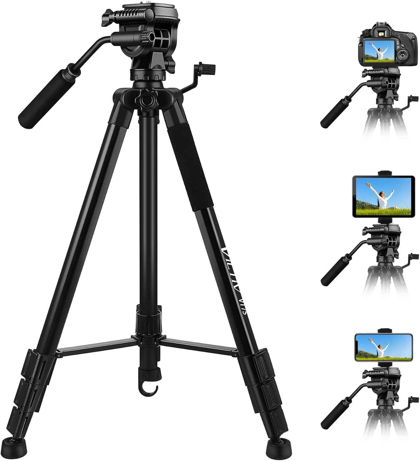 Tripod, 73 inch Tripod for Camera 15 lbs Loads with Fluid Head, 2 Quick Release Mounts and Tablet & Phone Mount Pack of 2