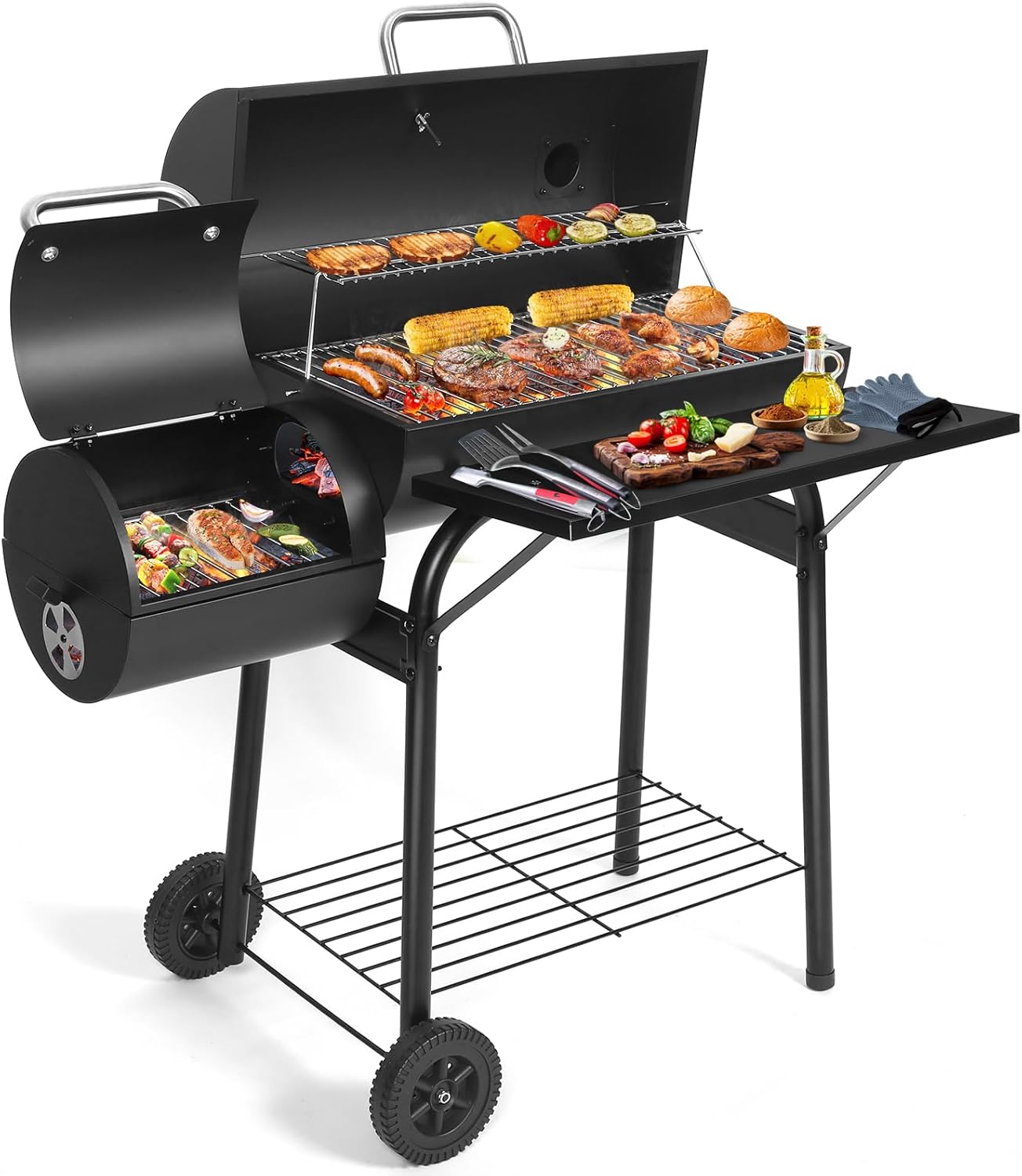 Charcoal Grill Offset Smoker: Charcoal Barbecue Grills with Spacious Cooking Area | Barrel BBQ Grill and Smokers Combo for Outdoor Patio Backyard