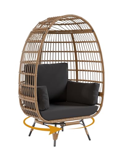 Oversize Wicker Egg Chair with 4 Comfy Cushions, Big Egg Shaped Lounger with Ottoman, Rattan Reading Chairs for Indoor Outdoor Patio Porch Backyard