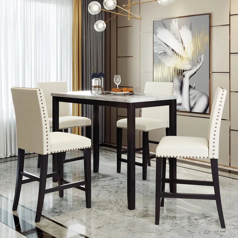 5 Pieces Counter Height Faux Marble Modern Dining Set with 4 Upholstered Chairs for Small Space,Beige