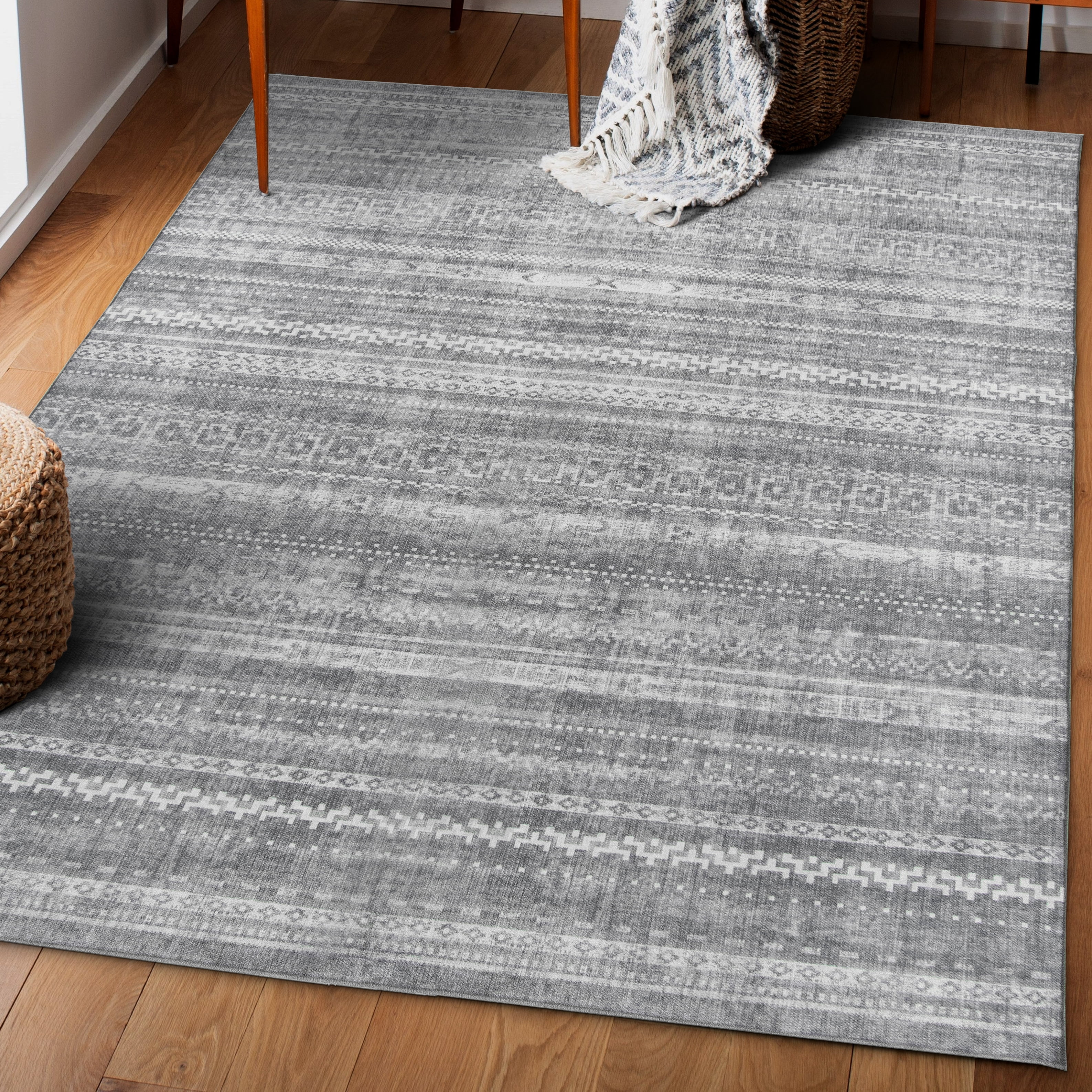 ReaLife Rugs Machine Washable Printed Moroccan Stripe Gray Eco-friendly Recycled Fiber Area Runner Rug (7'6" x 9'6")