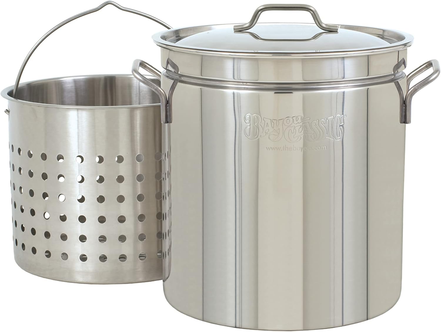 Bayou Classic 1136 36-qt Stainless Stockpot w/Vented Lid and Stainless Perforated Basket Features Stainless Welded Handles Perfect For Steaming
