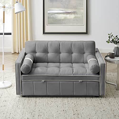 Fefances 3-in-1 Sleeper Sofa Couch Bed: Small Tufted Velvet Convertible Loveseat Futon with Pull-Out Bed, Adjustable Backrest, Cylinder Pillows