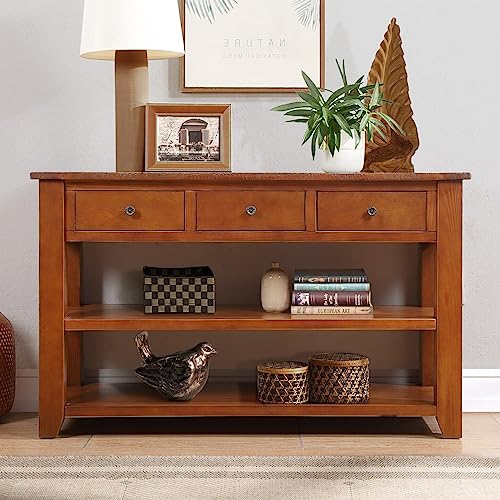 48'' Solid Pine Wood Top Console Table,Modern Side Table with 3 Storage Drawers and 2 Shelves,Entryway Table Sofa Table for Living Room,Entryway