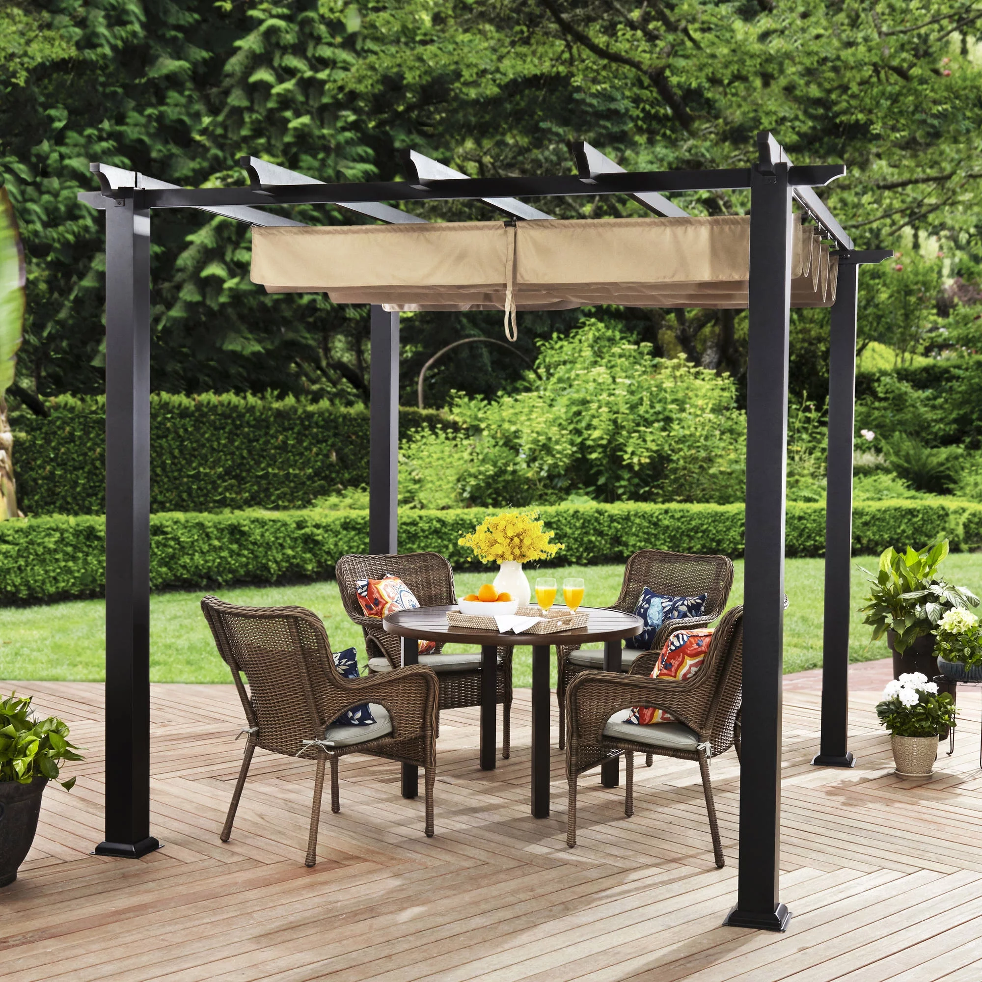 Better Homes & Gardens Meritmoor 9'L x 8.6'W x 7.7'H Steel Pergola with Canopy, Black/Beige