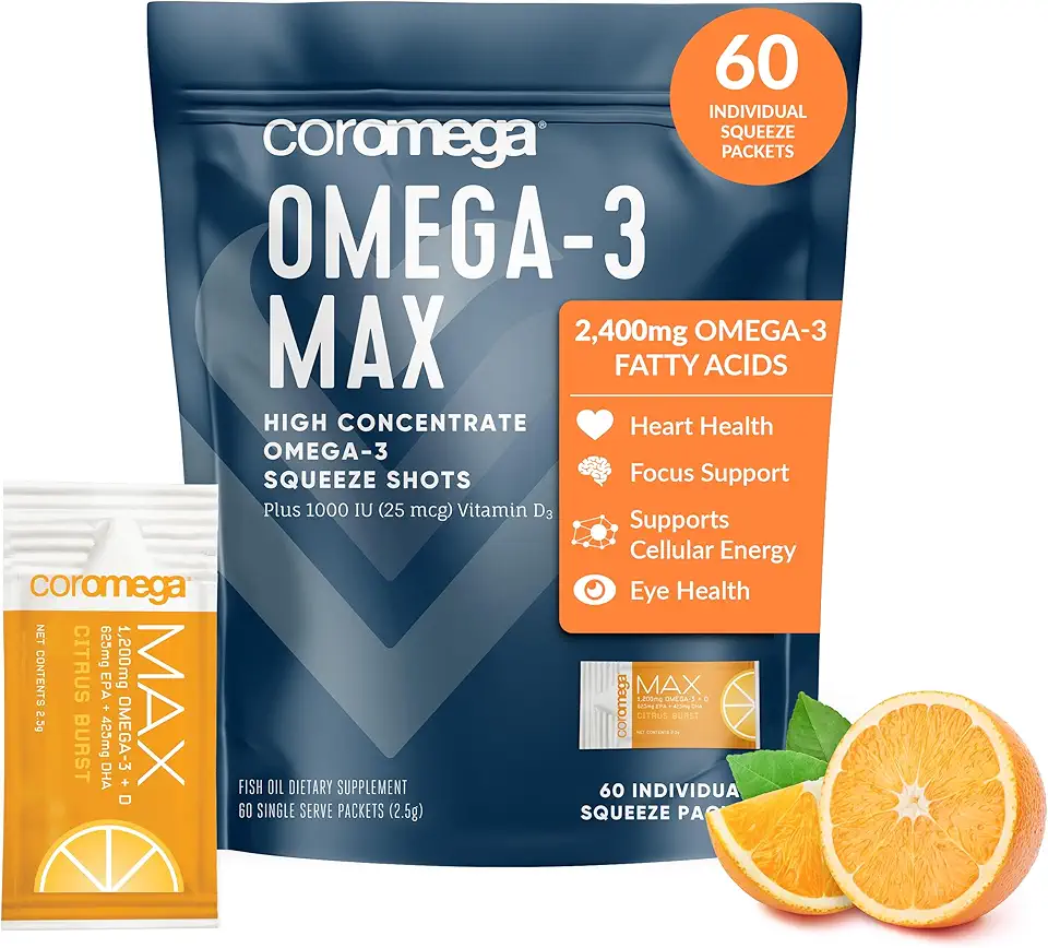 Coromega MAX 2400mg Omega-3 Fish Oil + Vitamin D Squeeze Packets, Wild-Caught, No Fishy Taste - 3X Better Absorption Than Softgels