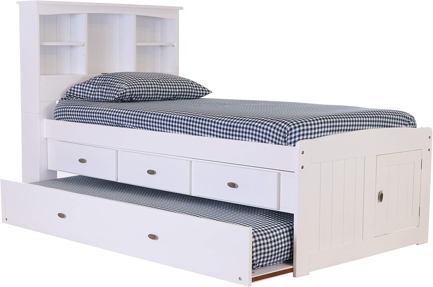 White Twin Bookcase Bed with 3 Drawers and Trundle