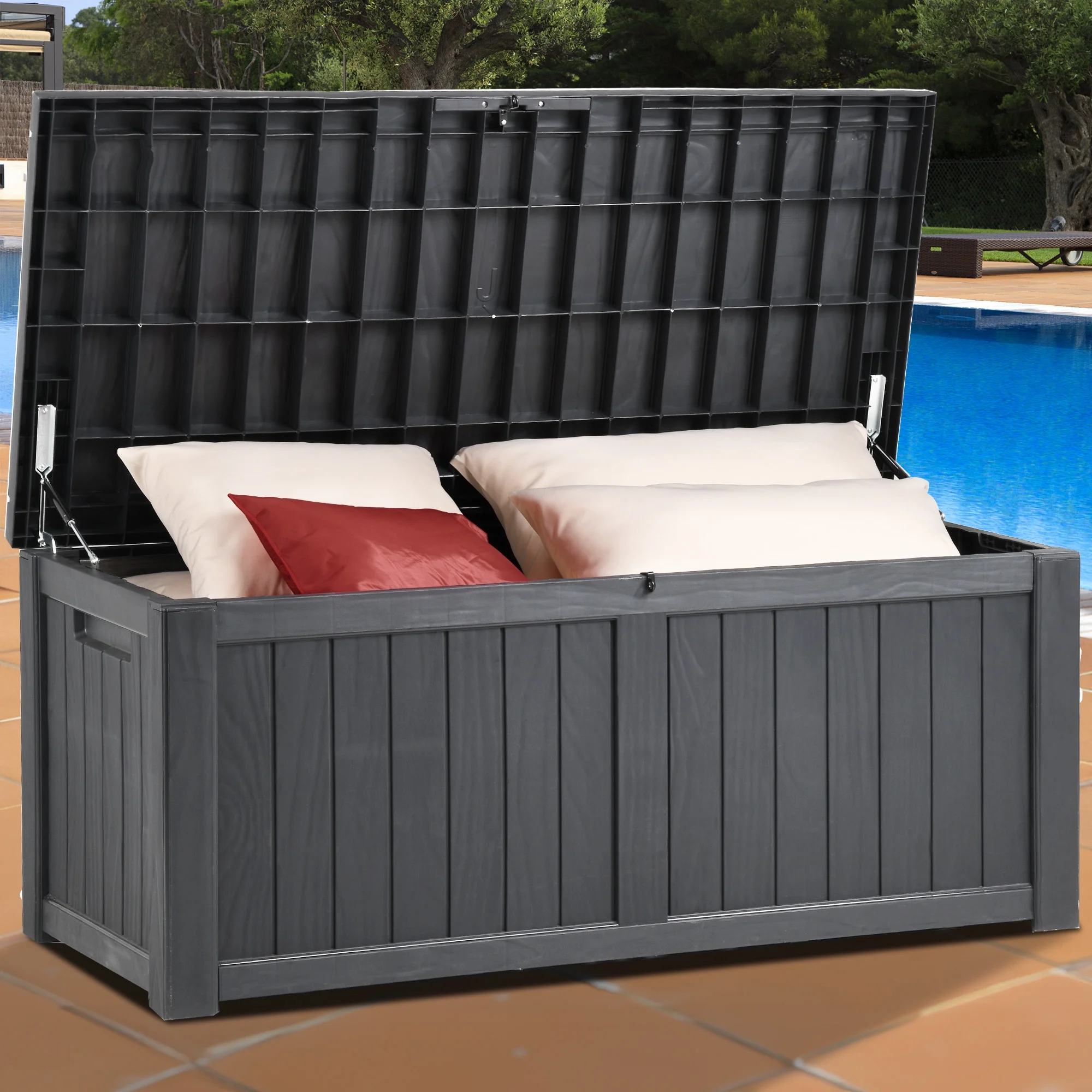 Dextrus Outdoor Storage Deck Box 120 Gallon - Large Resin Patio Storage for Outdoor Pillows, Garden Tools and Pool Supplies