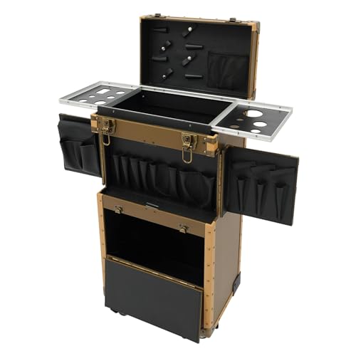 Rolling Lockable Makeup Train Case, Hair Stylist Rolling Case with Hairdryer Holder, Hairdressing Travel Case with Wheels, Cosmetology Case on Wheels