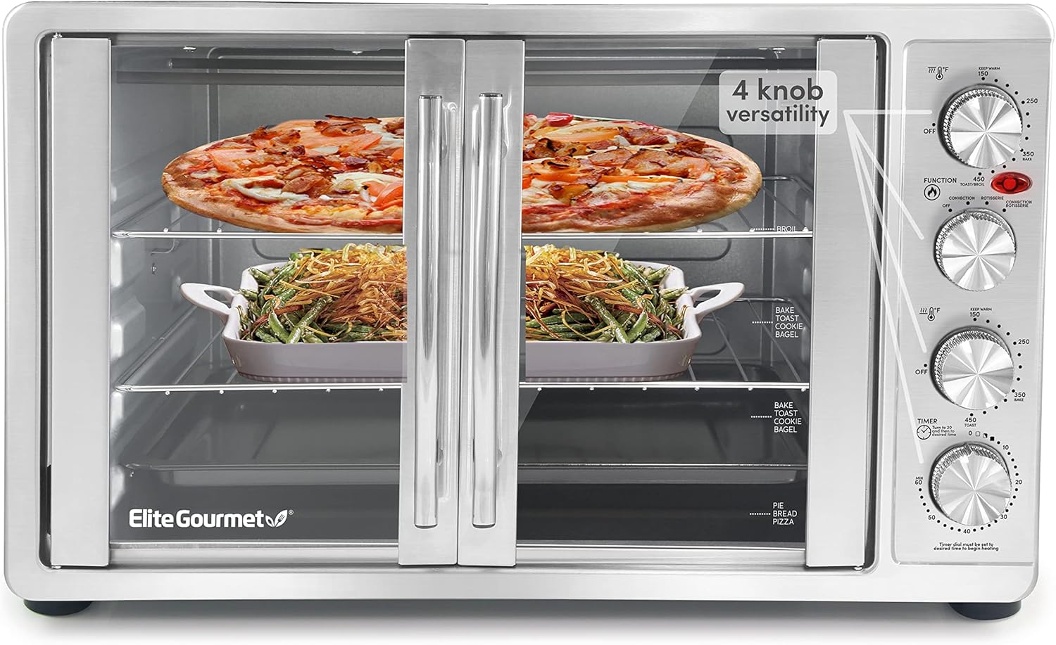 Elite Gourmet ETO-4510M Double French Door 4-Control Knobs Countertop Convection Toaster Oven