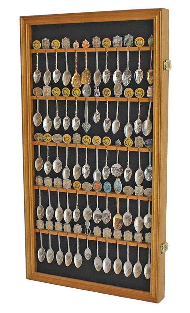 60 Spoon Display Case Cabinet Holder Rack Glass Door-oak Finish