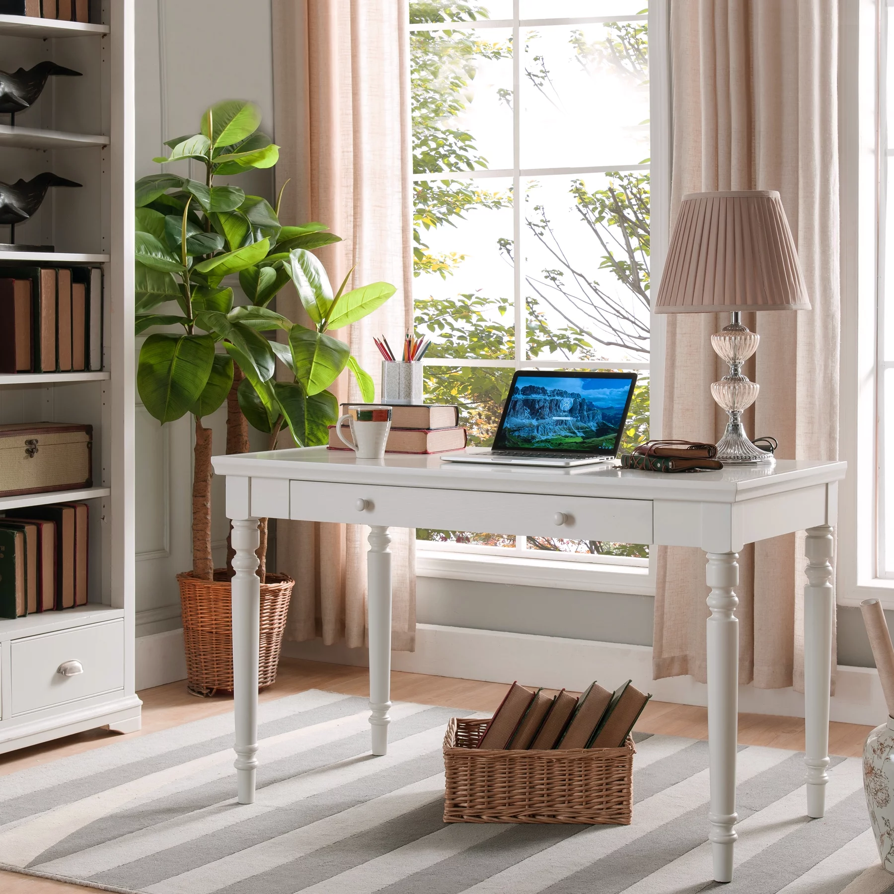 Leick Home 85410 Turned Leg Laptop Writing Desk with Center Keyboard Drawer, Cottage White