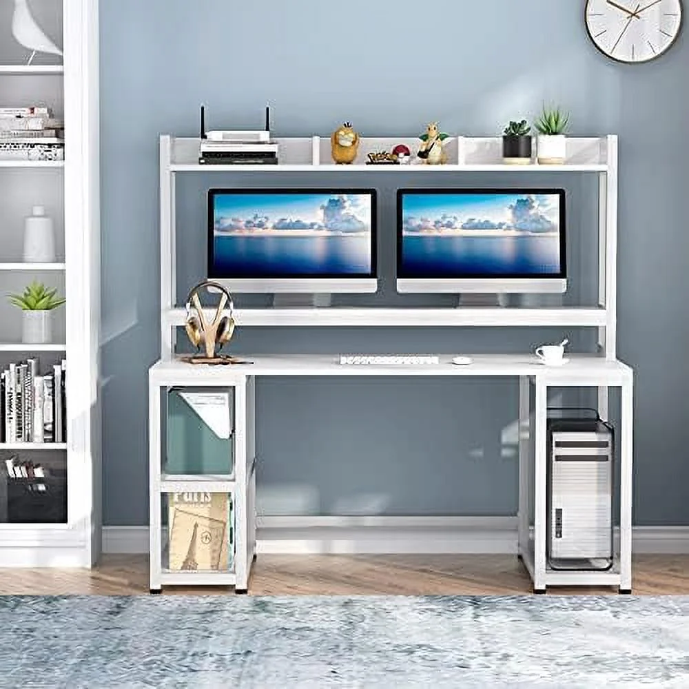55 Inches Computer Desk with Hutch and Monitor Stand Riser  Rustic Industrial Desk Computer Table Studying Writing Desk Workstation with  Shelves