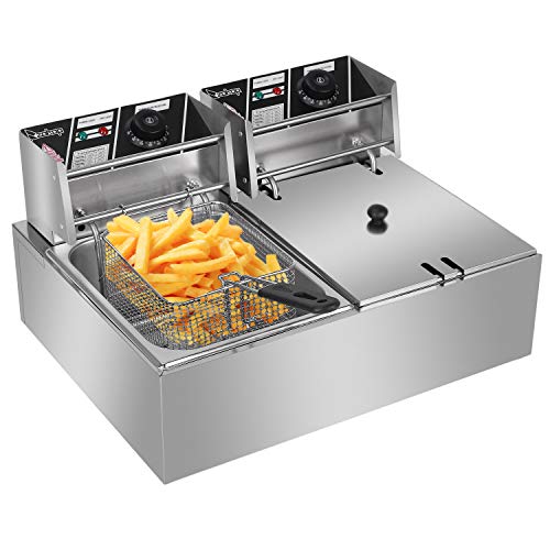 Deep Fryer with 2 Baskets，5000W Commercial Deep Fryer, 12L Electric Dual Tank Deep Fryer