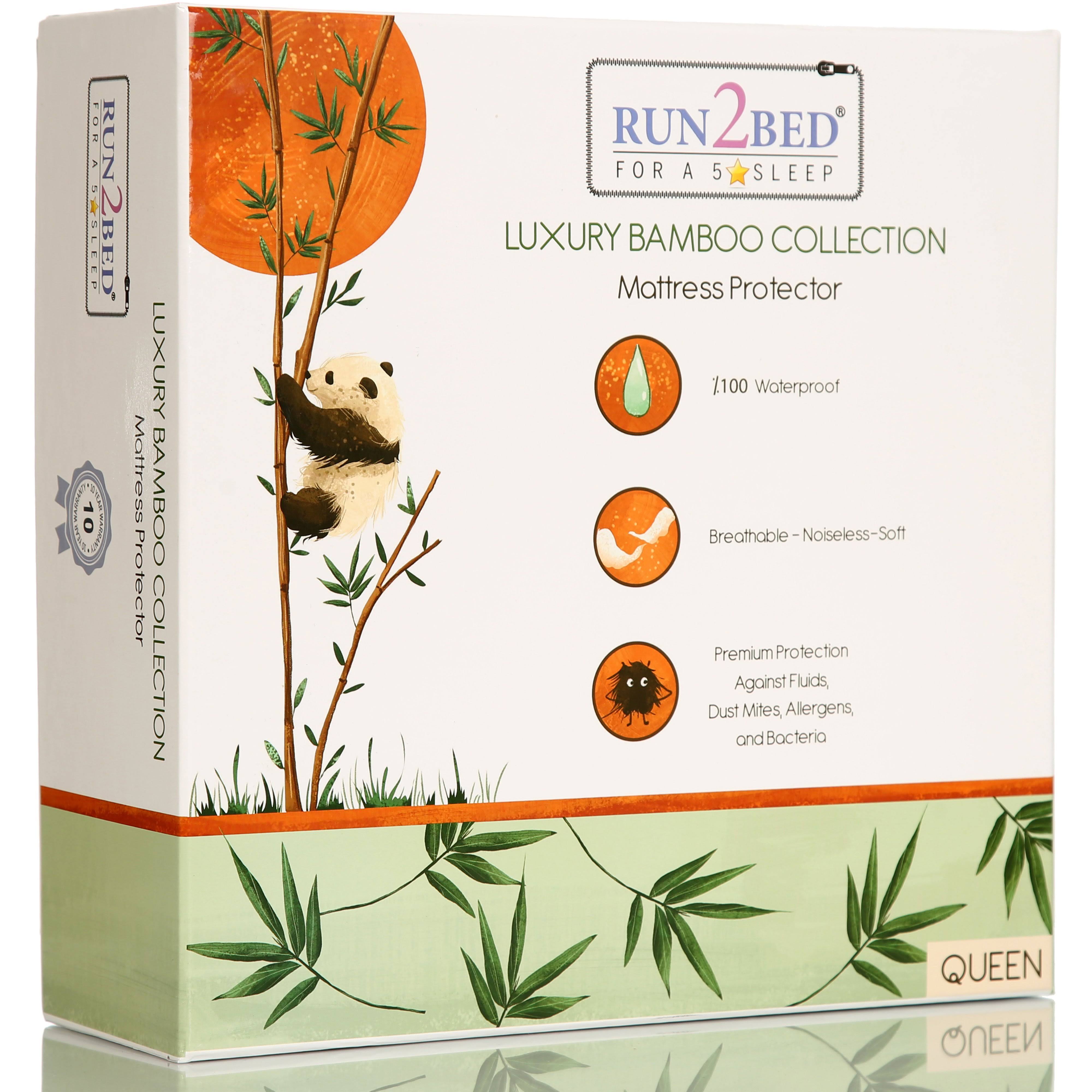 RUN2BED Premium Bamboo Mattress Protector Split Cal King Breathable Comfort with Cool, Noiseless Sleep SUPPORT, Cool Waterproof