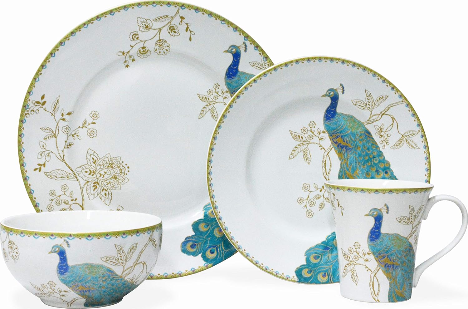Peacock Garden 16-Piece Porcelain Dinnerware Set With Round Plates, Bowls, And Mugs, White