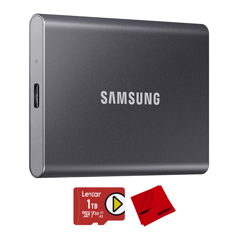 Samsung MU-PC2T0T/AM Portable SSD T7 USB 3.2 2TB Gray Bundle with Lexar PLAY 1TB microSDXC UHS-I Memory Card and Deco Photo 6 x 6 inch Microfiber