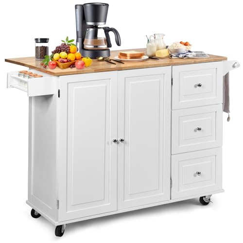 SILKYDRY Kitchen Island with Stainless Steel Top, Rolling Kitchen Trolley Cart with Storage Cabinet, 3 Drawers, Towel & Spice Rack
