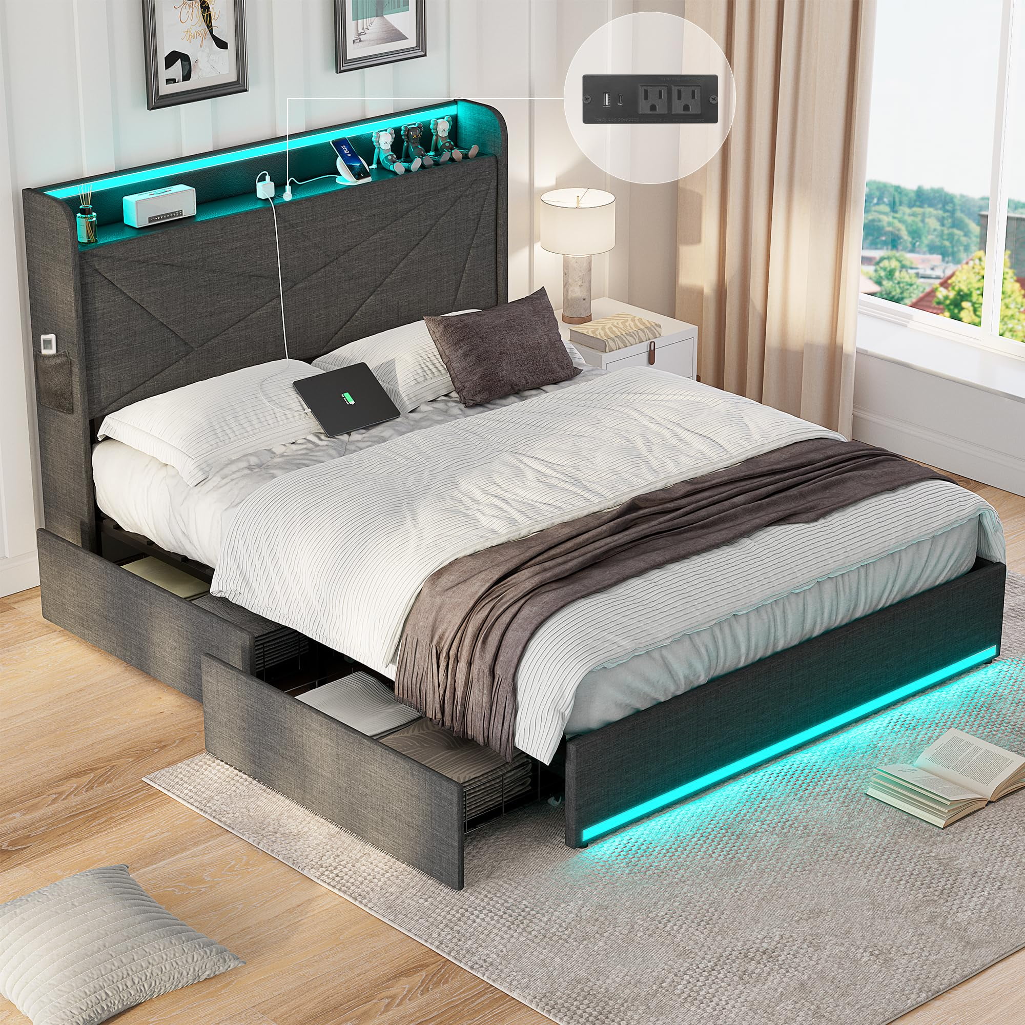 Full Size Bed Frame with Upholstered Headboard. 4 Storage Drawers. Metal Platform Bed Frame with LED Lights and Charge Station. Wooden Slats Support.