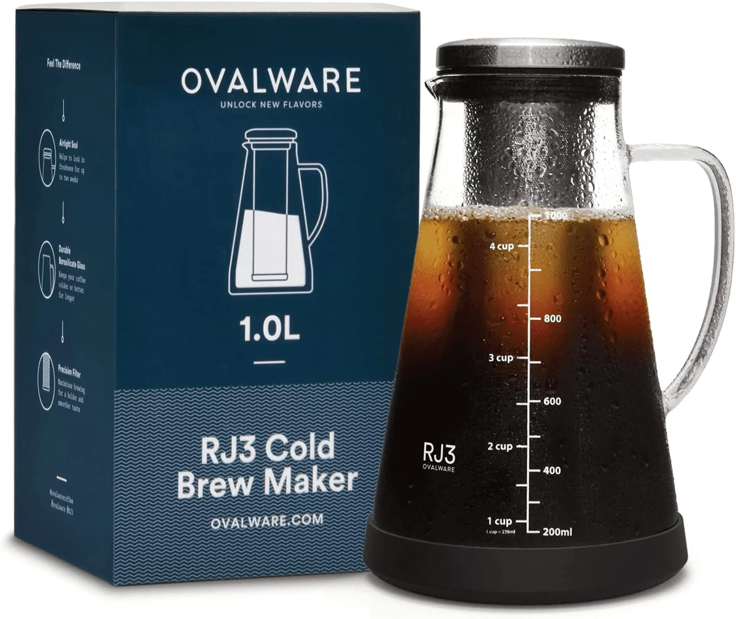 Airtight Cold Brew Iced Coffee Maker & Tea Infuser with Spout - 1L Ovalware RJ3 Brewing Glass Carafe