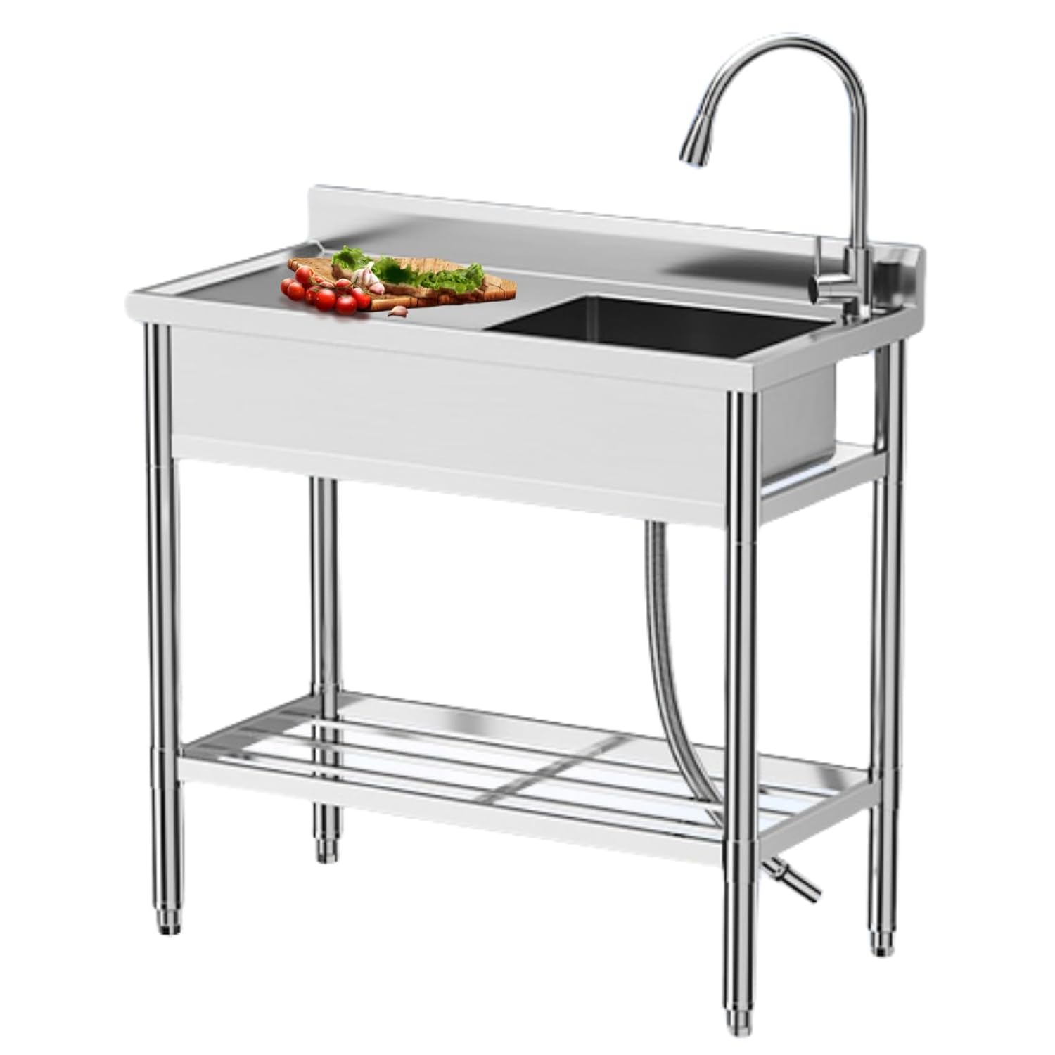 GAOMON Stainless Steel Utility Sink, Free Standing Commercial Kitchen Sink Set w/Workbench Storage Shelf & Hot/Cold Faucet