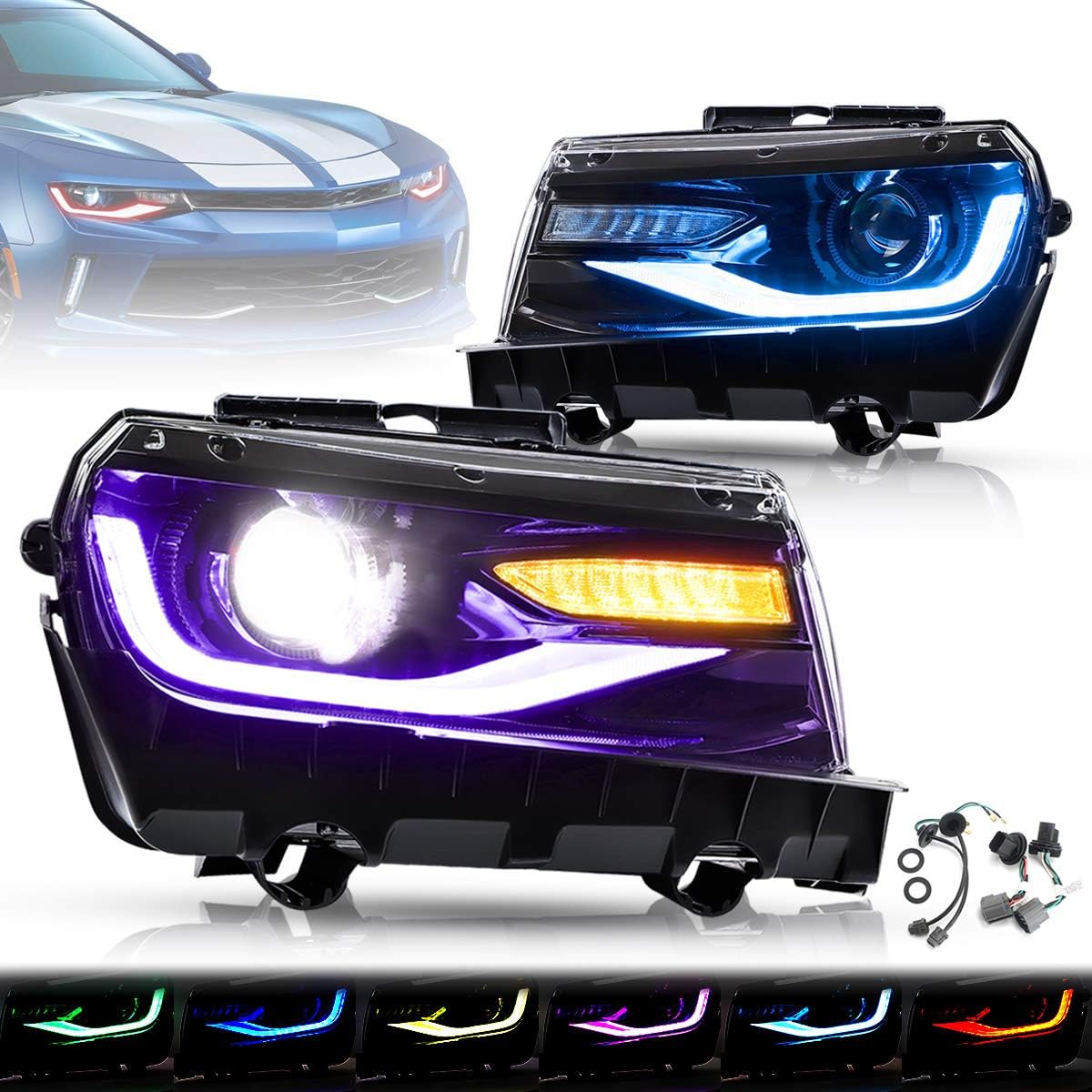 YUANZHENG Multicolor DRL Projector LED Headlights for [Chevy Camaro 5th Gen 2014 2015] with Sequential Turn Signal, Dual Beam Lens