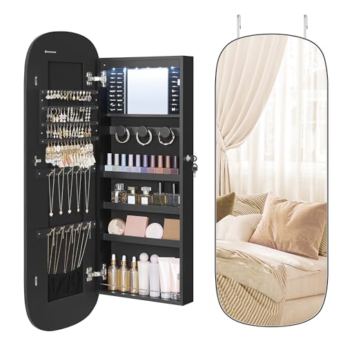 SONGMICS Jewelry Organizer, LED Jewelry Cabinet Wall or Door Mounted, Lockable Rounded Wide Mirror with Storage, Interior Mirror