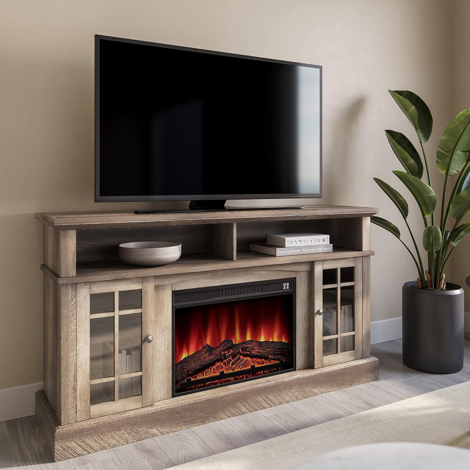BELLEZE Traditional 58 Inch Rustic Electric Fireplace TV Stand & Media Entertainment Center Console Table for TVs up to 65 Inches with Open Storage