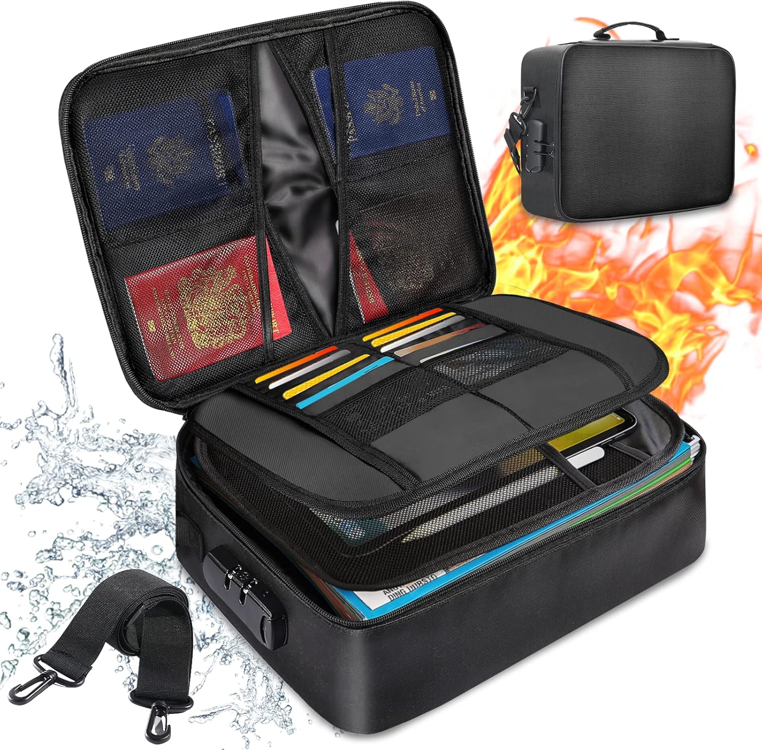 Fireproof Document bag with Lock, (14.2x10.6in)Fireproof Multi-Layer File Box with Safe Lock and Shoulder Strap