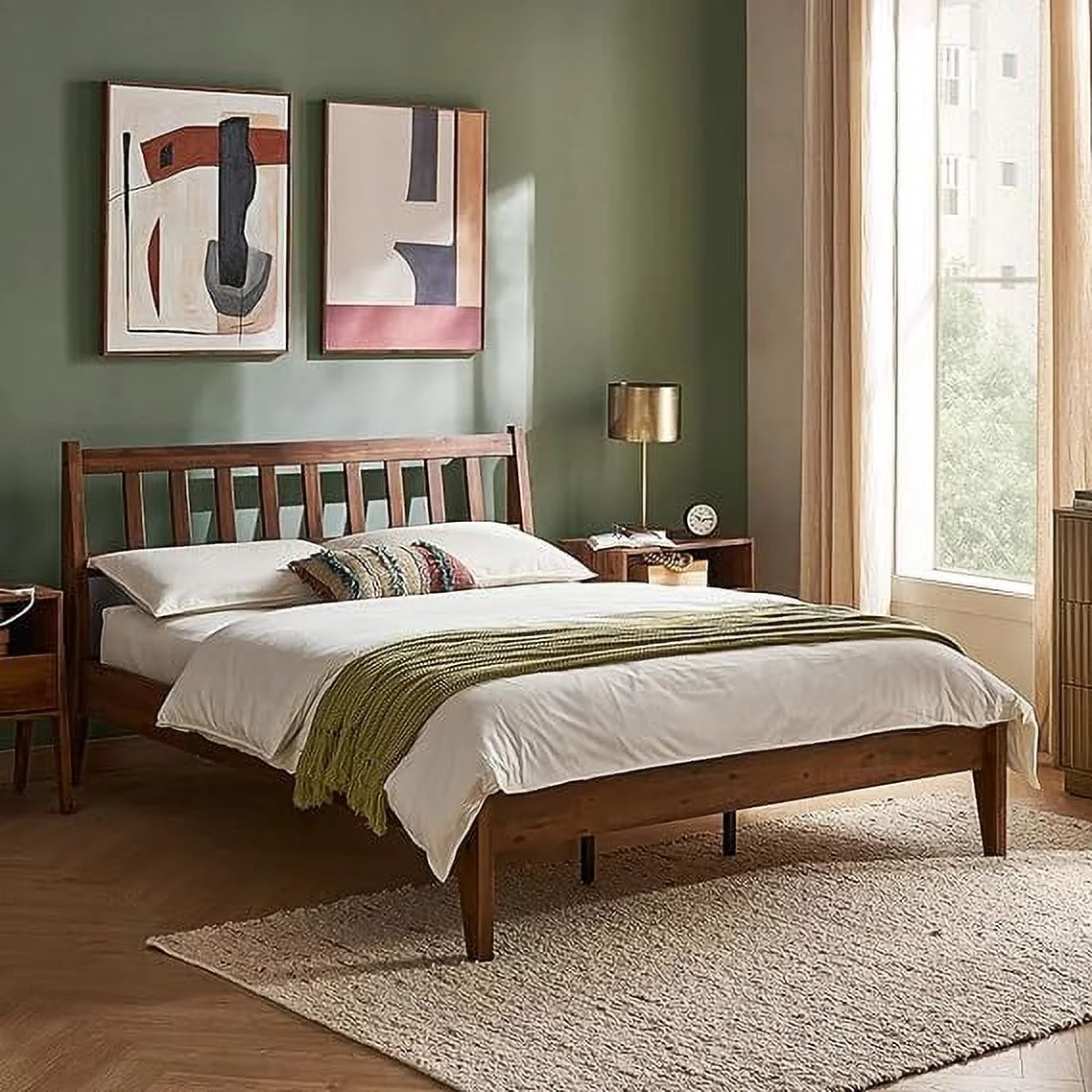Mopio Ted Queen Bed Frame with Headboard, Full Size Bed Frame, Mid Century Modern Acacia Solid Wood Platform Bed Frame, Wooden Bed Slats