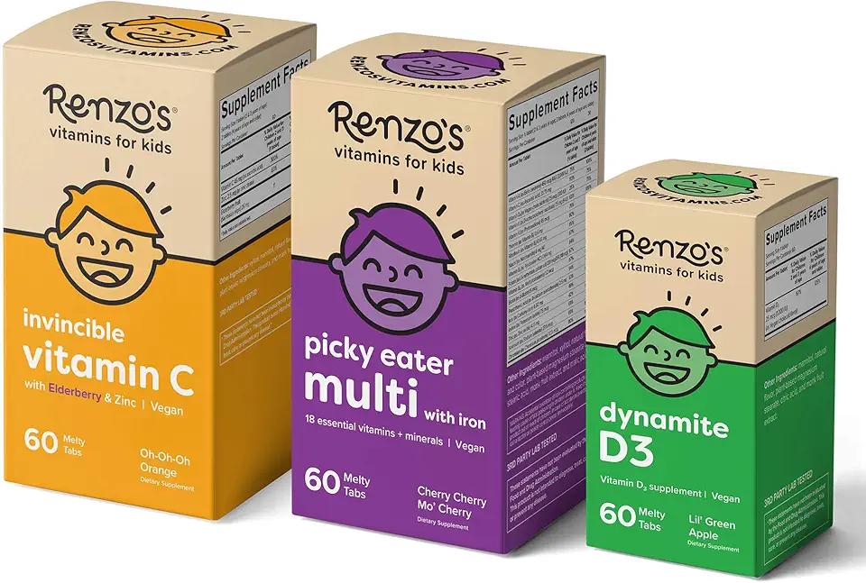 Renzo's Vitamins Immunity Builder Bundle - Kids Vitamin C with Elderberry & Zinc for Immune Support, Picky Eater Kids Multivitamin